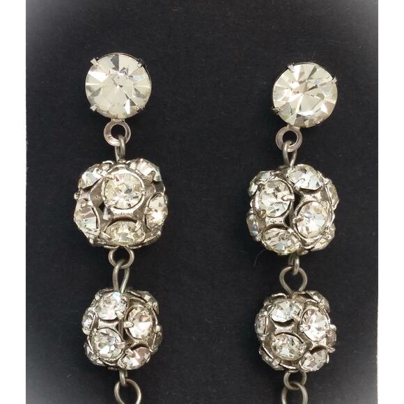 Vintage Disco Ball Earrings Pierced Stud Sparkle Crystal Clear Rhinestone Dangle - Picture 7 of 10